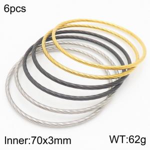 Classic 70x3mm Gold Silver Black 6pcs Bangles Set Stainless Steel Twist Circle Bangle Jewelry - KB181579-KFC