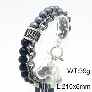210x8mm Gray Beads and Stainless Steel Double Chain Bracelet Men With OT Clasp Silver Color - KB182649-TLX