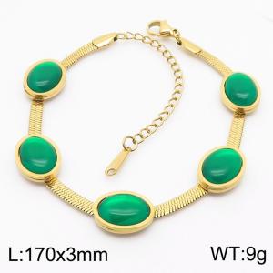 Fashionable original design stainless steel snake bone chain with oval inlaid green gemstone charm gold bracelet - KB182707-CM