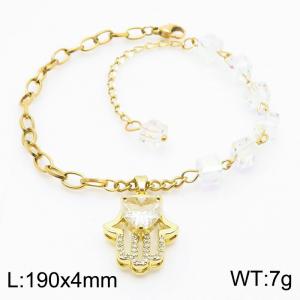 190mm Women Stainless Steel Chain Bracelet with Transparent Gem Fatima Hand Charm - KB182741-SP