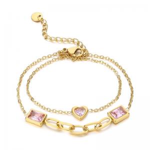 Fashionable and personalized stainless steel double-layer mixed chain pink glass heart-shaped pink glass square charm gold bracelet - KB182897-SP