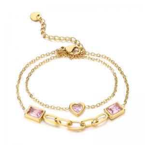 Fashionable and personalized stainless steel double-layer mixed chain pink glass heart-shaped pink glass square charm gold bracelet - KB182897-SP