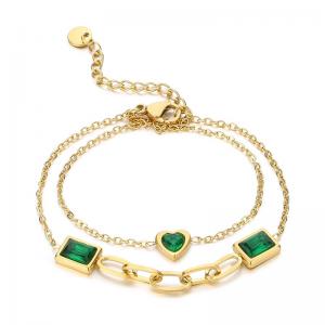 Fashionable and personalized stainless steel double-layer mixed chain green glass heart-shaped green glass square charm gold bracelet - KB182898-SP