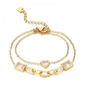 Fashionable and personalized stainless steel double-layer mixed chain white glass heart-shaped white glass square charm gold bracelet - KB182899-SP