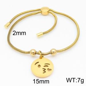 Gold Color Snake Bones Chain Beads Kiss Emoji Round Pendant Stainless Steel Bracelet For Women - KB184636-Z