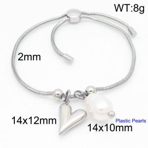 Silver Color Snake Bones Chain Beads Peach Heart Shell Pearl Pendant Stainless Steel Bracelet For Women - KB184663-Z
