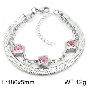 5mm Snake Chain Double Chain Stainless Steel Bracelet With Pink  Stone Flower Pendant Silver Color - KB185365-ZC