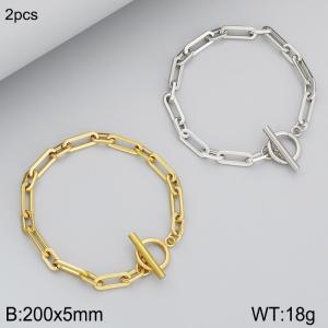 Fashion Titanium One to One Square Wire Chain OT Buckle Bracelet, Steel and Gold Two Piece Set - KB186741-Z