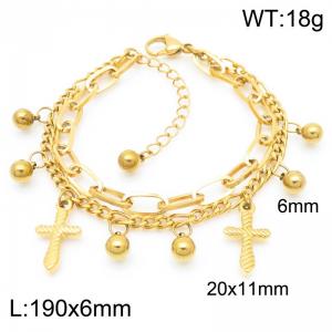 190x6MM Fashion Cross Accessories Women's Bracelet Double Chain Round Bead Stainless Steel Women's Chain Gold Color - KB187010-Z