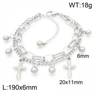 190x6MM Fashion Cross Accessories Women's Bracelet Double Chain Round Bead Stainless Steel Women's Chain Silver Color - KB187011-Z