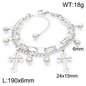 190x6MM Fashion Cross Accessories Women's Bracelet Double Chain Round Bead Stainless Steel Women's Chain Silver Color - KB187013-Z
