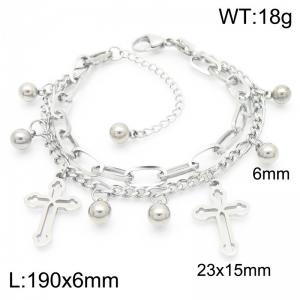190x6MM Fashion Cross Accessories Women's Bracelet Double Chain Round Bead Stainless Steel Women's Chain Silver Color - KB187015-Z