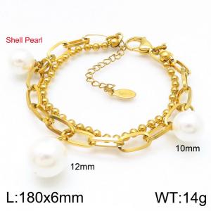 Stainless Steel Bead Chain with Square Chain Women's Bracelet With Shell Pearl Charms Gold Color Jewelry - KB188819-Z