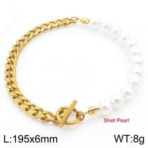 Cuban Chain with Shell Pearl Bracelet For Women OT Clasp Gold Color Steel Jewelry - KB188834-Z