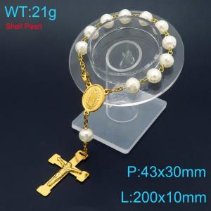 Pearl Sacred Heart Baptismal Cross Bracelet Religious Stainless Steel Jewelry - KB188842-Z