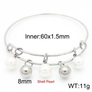 Stainless Steel Bangle With Round Ball and Shell Pearl Beads Pendant Silver Color - KB189196-Z