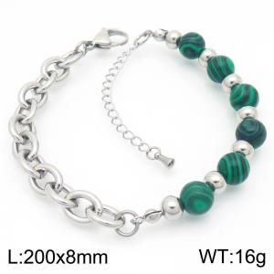 O-Shaped Link Chain With Green Color Beads Stainless Steel Bracelet  Silver Color - KB189201-Z