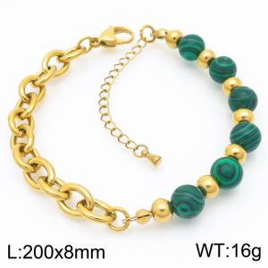 O-Shaped Link Chain With Green Color Beads Stainless Steel Bracelet  Gold Color - KB189202-Z