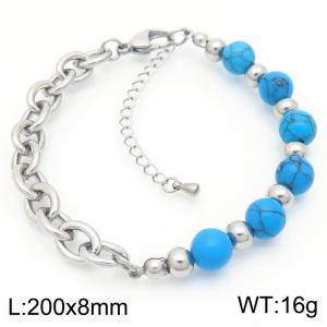 O-Shaped Link Chain With Blue Color Beads Stainless Steel Bracelet  Silver Color - KB189203-Z
