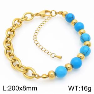 O-Shaped Link Chain With Blue Color Beads Stainless Steel Bracelet  Gold Color - KB189204-Z