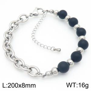 O-Shaped Link Chain With Black Color Beads Stainless Steel Bracelet  Silver Color - KB189205-Z