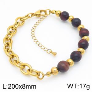 O-Shaped Link Chain With Brown Color Beads Stainless Steel Bracelet  Gold Color - KB189208-Z