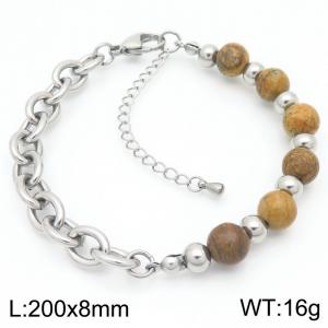 O-Shaped Link Chain With Wood Color Beads Stainless Steel Bracelet  Silver Color - KB189209-Z