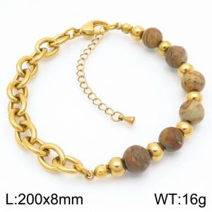 O-Shaped Link Chain With Wood Color Beads Stainless Steel Bracelet  Gold Color - KB189210-Z
