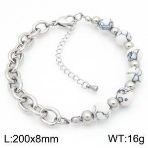 O-Shaped Link Chain With White Color Beads Stainless Steel Bracelet  Silver Color - KB189211-Z
