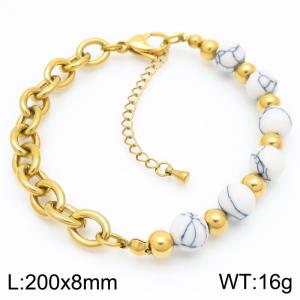O-Shaped Link Chain With White Color Beads Stainless Steel Bracelet  Gold Color - KB189212-Z