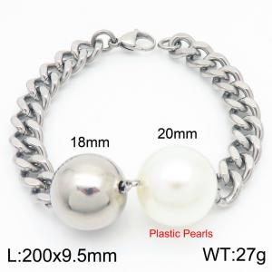 Stainless Steel Link Chain Bracelet With Plastic Pearls Silver Color - KB189245-Z