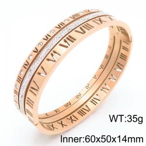 14MM Wide Stainless Steel Roman Numeral Bangle Women's Zirconia Rose Gold Color Trendy Jewelry - KB190311-GC