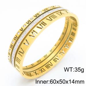 14MM Wide Stainless Steel Roman Numeral Bangle Women's Zirconia Gold Color Trendy Jewelry - KB190313-GC