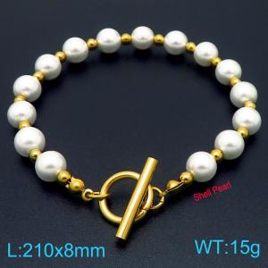 Fashionable OT buckle 5mm oval pearl paired with stainless steel separated bead bracelet - KB202761-Z