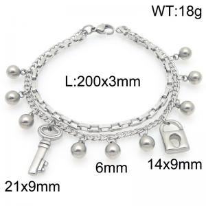 Fashionable stainless steel double-layer bracelet paired with keys, locks, and hanging bead accessories - KB202889-Z