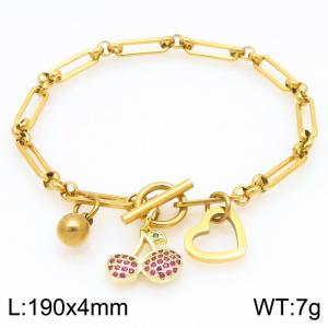 Women Gold-Plated Stainless Steel Pink Cherry Charm&Beads Bracelet - KB203304-Z