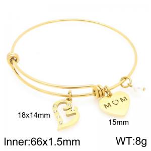 Stainless Steel Creative Two Different Heart Shaped Pearl Pendants Charm Gold Mother's Day Gift Bangle - KB203622-Z