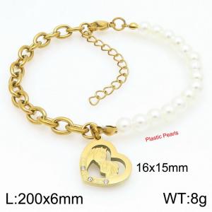Rhinestone Heart Pearl Stainless Steel and Gold Bracelet - KB203708-Z