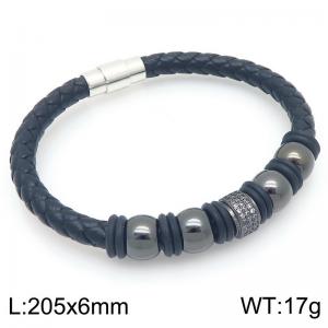 Fashionable and personalized stainless steel creative black bead geometric temperament black leather rope bangle - KB203745-KC