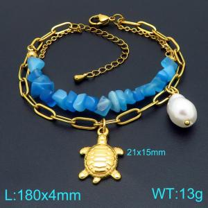 Stainless steel double-layer mixed chain hanging turtle imitation pearl pendant temperament gold bracelet - KB206693-Z