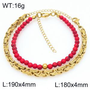 2pcs Jewelry Set Fashion Red Pine Stone Bead Stainless Steel Cuban Emperor Chain Bracelet Party Jewelry Birthday Gift - KB207158-Z