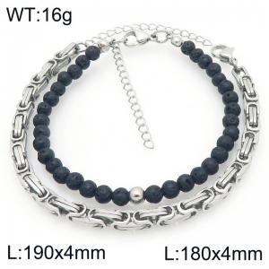 2pcs Jewelry Set Fashion Volcanic Rock Bead Stainless Steel Cuban Emperor Chain Bracelet Gold Silver Color Party Jewelry Birthday Gift Wholsale - KB207173-Z