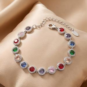 Stainless Steel Bracelet for Women, Round Halo Cubic Zirconia Tennis Bracelet, Adjustable Dainty Crystal Chain Bracelet - KB216064-CAJY