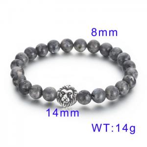 Lion Head Grey Beaded Elastic Rope Men's Stone Bracelet - KB70575-BD