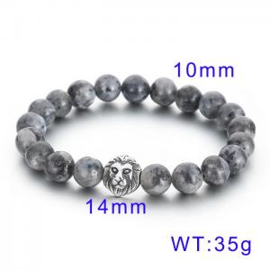 Lion Head Grey Beaded Elastic Rope Men's Stone Bracelet - KB70688-BD