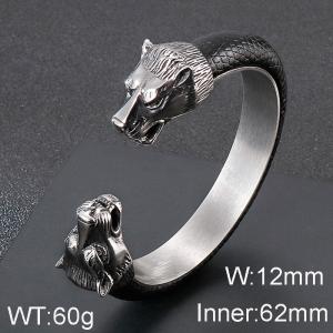 Punk style personality domineering wolf head titanium steel open leather bracelet - KB71994-BD