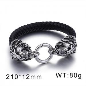 Oxidized Cast Lion Head Stretch Buckle Leather Men's Bracelet - KB76471-BD