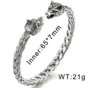 Mens Wolf Head Bracelet Steel Braided Cable Bangle Cuff Bracelet Polished, Adjustable Steel Color - KB78278-BD