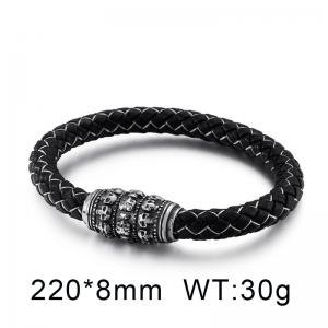 Exaggerated skull magnetic buckle cowhide woven stainless steel men's leather bracelet - KB85132-BD