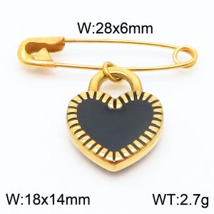 Stainless steel  28x6mm gold safety pin with black heart charm pendant - KCH1260-Z